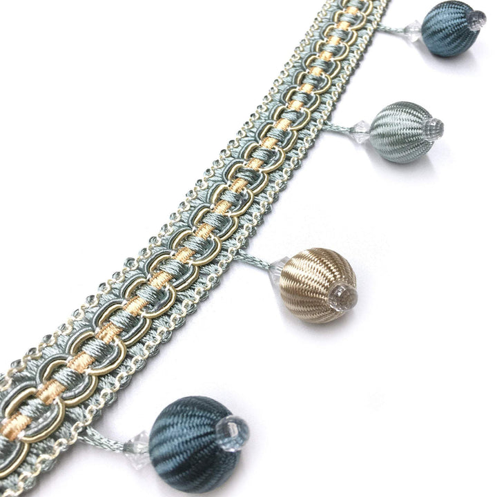2 COLORS / GISELLE 2" Pink Blue Boho Pompom ball Beaded Tassel Fringe Trim / By The Yard - Classic & Modern